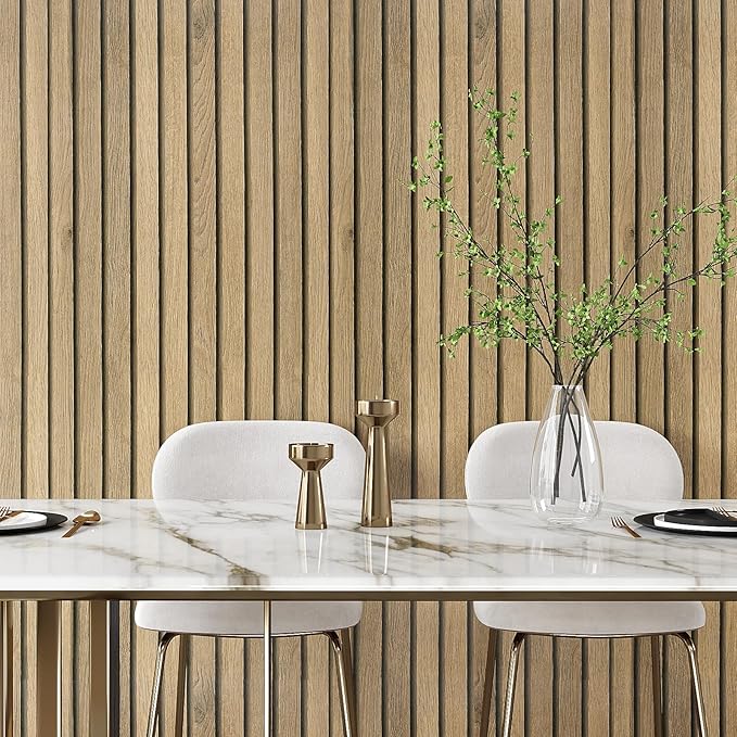 VEELIKE Natural Light Oak Wood Slat Peel and Stick Wallpaper Wood Panel