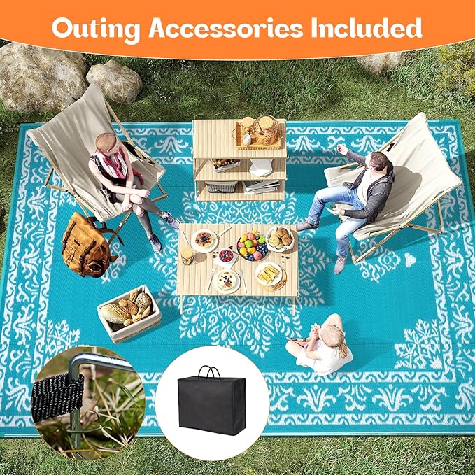 Yamaziot Outdoor Rug 9x12 Ft, Waterproof Plastic Straw Patio Rug, Reversible Backyard Carpet UV Resistant Portable RV Mat Clearance, Large Indoor Outdoor Rug for Patio, Porch, Deck, Balcony, Teal