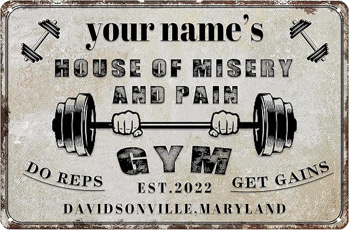 Custom Gym Sign Wall Art Decor Personalized Name Aluminum Metal Sign Retro Workout Room Fitness Center Tin Sign - house of misery and pain