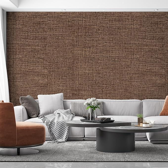 Brown Grasscloth Peel and Stick Wallpaper 17.3"x300" Faux Linen Textured