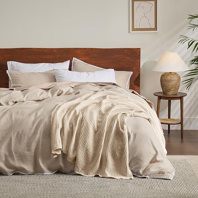 Bedsure 100% Cotton Blanket Twin XL Size for College Dorm - Breathable and Soft, Waffle Weave Twin Blanket for Summer, Dorm Room Essentials, Yellowish Cream, 66x90 inches