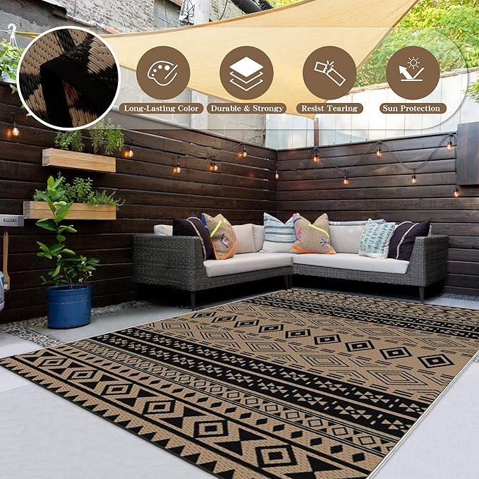 Wallona Outdoor Rugs 8x10 ft Patio Waterproof Clearance Indoor Outdoor Large Carpet for Patio Plastic Straw Reversible Area Rugs Mat for RV, Camping, Balcony, Beach, Picnic, Porch, Boho Black & Brown