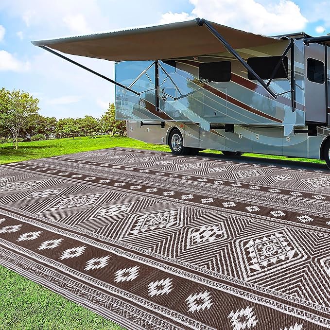 Outdoor Rug 9x18 for Patio Waterproof Patio Rugs Outdoor Mats for Front Porch,Beach Mat,Reversible Plastic Camping Rugs,Camper Rugs for Outside,RV,Deck,Balcony,Backyard,Boho Brown