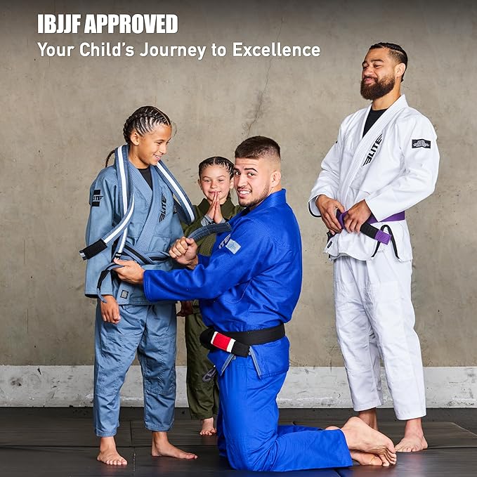Elite Sports Kids Brazilian Jiu Jitsu Belts Preshurunk Martial Arts Youth BJJ Belts for Girls & Boys with BJJ Ranking Stripes