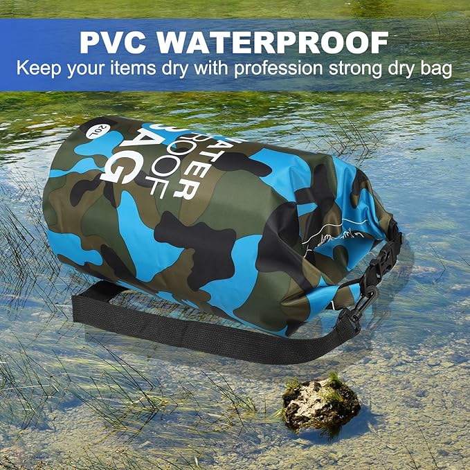 Waterproof Dry Bag, 5L Fit for Women Men Water Proof Bags Lightweight Dry Storage Floating Backpack with Whistle for Travel Boating Kayaking (Sky Blue Camouflage)