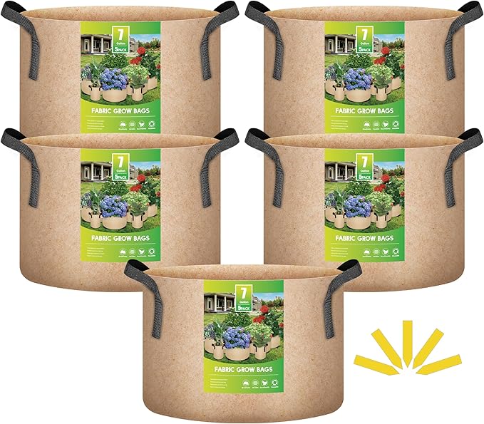 iPower 5-Pack 7 Gallon Plant Grow Bags Thickened Nonwoven Aeration Fabric Pots Heavy Duty Durable Container, Strap Handles for Garden, Tan New