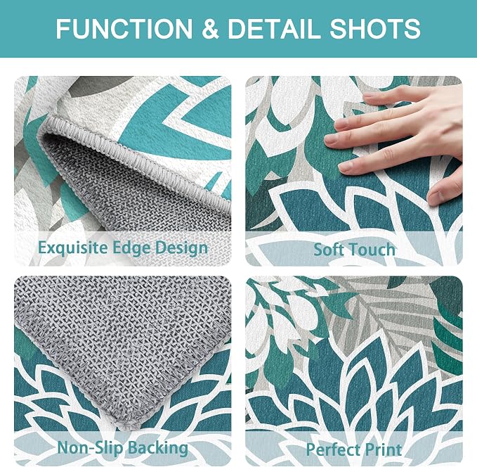 Colorful 3x5 Washable Rug for Living Room Tropical Botanical Modern Floral Chenille Area Rugs Low Pile Non Slip Carpet for Patio, Bedroom, Laundry, Teal