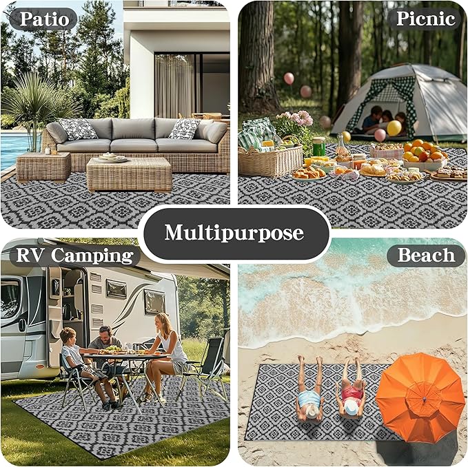 Wallona Outdoor Rugs 5x8 ft Patio Waterproof Clearance Indoor Outdoor Carpet for Patio Plastic Straw Reversible Area Rugs Mat for RV, Camping, Balcony, Beach, Picnic, Porch, Brick Black & Grey