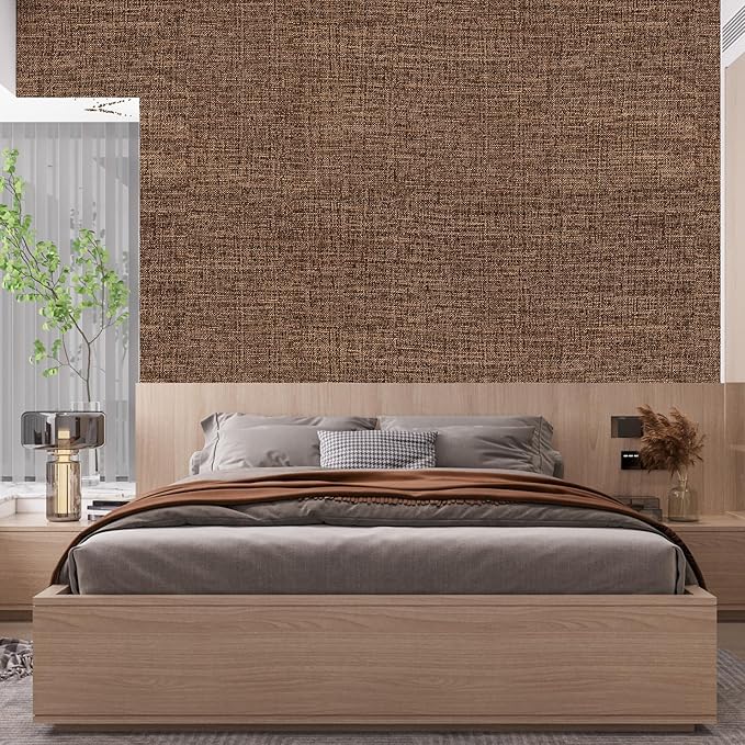 Brown Grasscloth Peel and Stick Wallpaper 17.3"x300" Faux Linen Textured