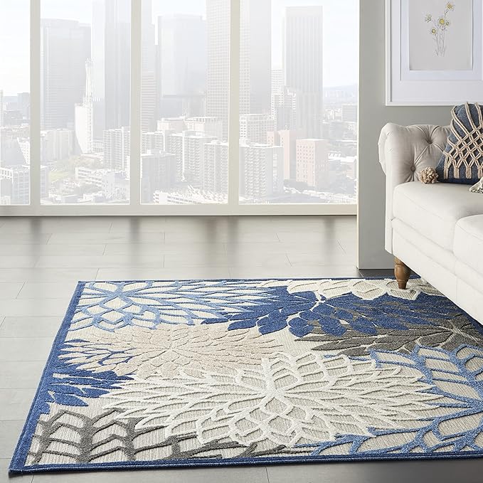 Nourison Aloha Indoor/Outdoor Blue/Multicolor 3'6" x 5'6" Area Rug, Tropical, Botanical, Easy Cleaning, Non Shedding, Bed Room, Living Room, Dining Room, Deck, Backyard, Patio (3x5)