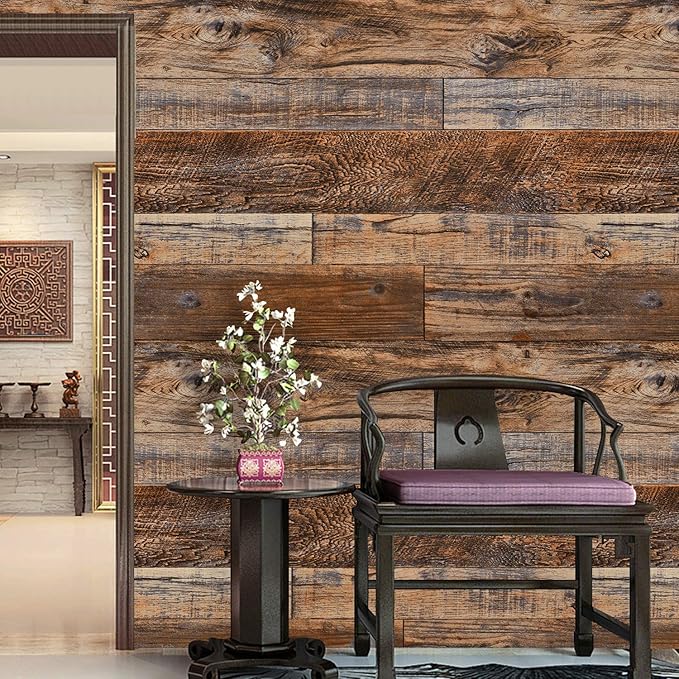 WENMER 11.8" x 118" Brown Wood Peel and Stick Wallpaper Shiplap Self Adhesive