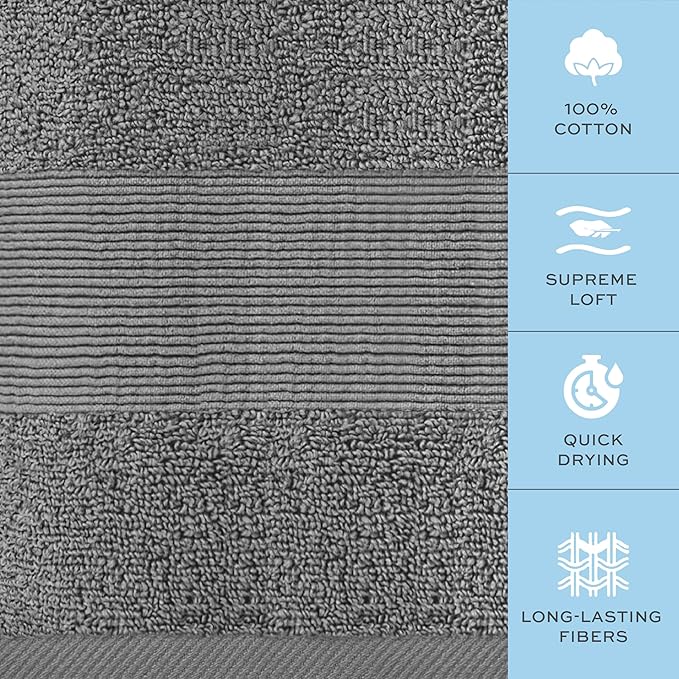 White Classic Resort Collection Soft Bath Towels | 28x55 Luxury Hotel Plush & Absorbent Cotton Bath Towel Large [4 Pack, Smoke Grey]