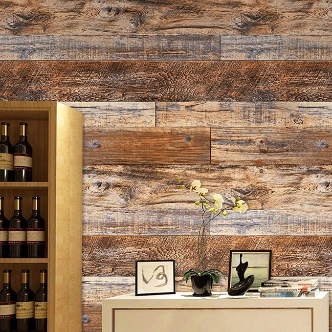 WENMER 11.8" x 394" Brown Wood Wallpaper Peel and Stick Wallpaper Shiplap Self