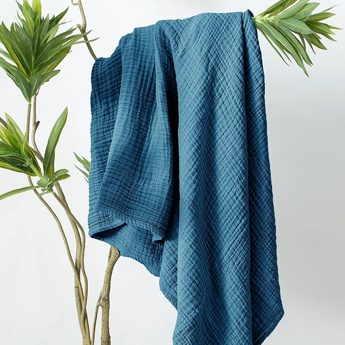 Carriediosa 100% Cotton Muslin Throw Blanket 50" X 70" Throw XL Size，4-Layers Summer Gauze Throws for Bed Couch，Soft Lightweight Breathable Linen Blankets Bedspread for Adults All Season，Dusty Blue