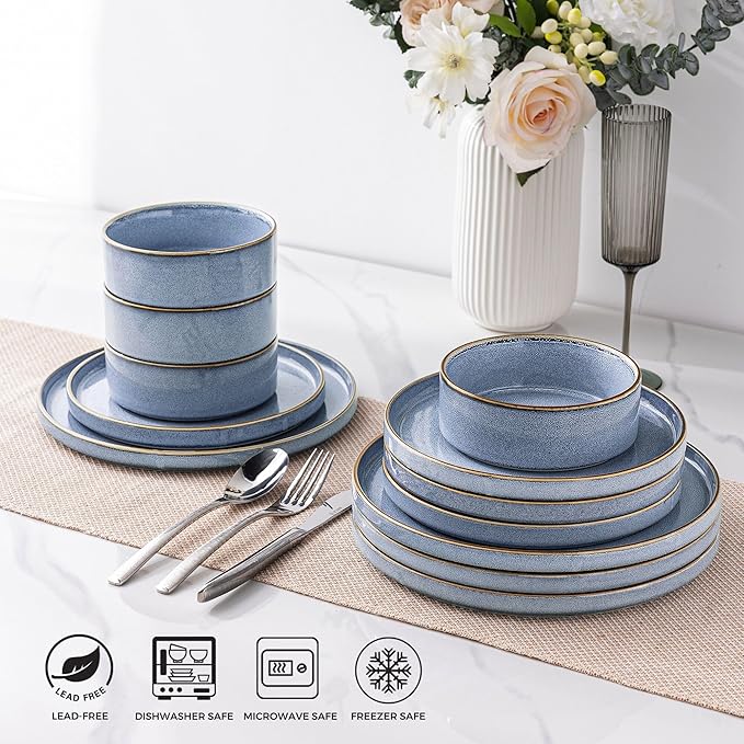 GBHOME Ceramic Dinnerware Sets for 4, 12 Pieces Stoneware Plates and Bowls Sets, Reactive Glaze Dishes -Scratch Resistant, Dishwasher&Microwave Safe-Brunnera Blue