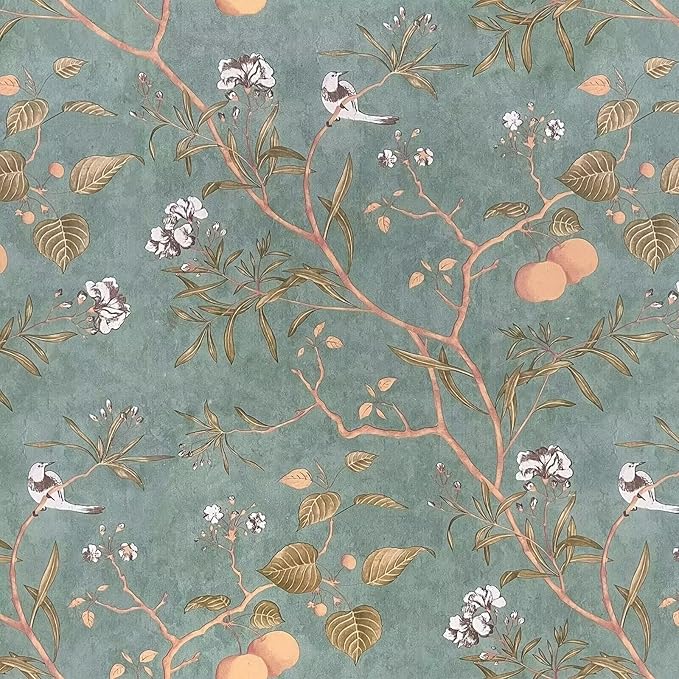 Laatse Green Floral Wallpaper Peel and Stick Bird Wallpaper 17.5" x 393"