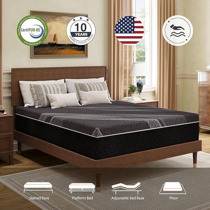 King Mattress 10 Inch Charcoal Memory Foam in a Box, CertiPUR-US Certified Fiberglass Free, Gel Double Mattress, Made in The USA of US Foam, 80" × 76" × 10", Medium