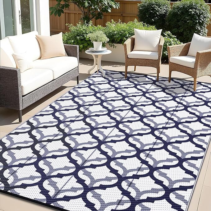 OLANLY Reversible Outdoor Rug 6x9 ft Clearance, Waterproof Outdoor Plastic Straw Rug with Interlacing Pattern, RV Mat for Patio, Camping, Balcony, Deck, Backyard, Navy & White
