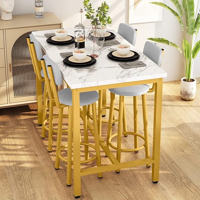 Lamerge Dining Table Set for 4 Bar Table and Chairs Set Faux Marble Counter Height Dining Table Set with 4 PU Upholstered Stools Kitchen Pub Table for Kitchen, Restaurant, Space Saving, Gold and White