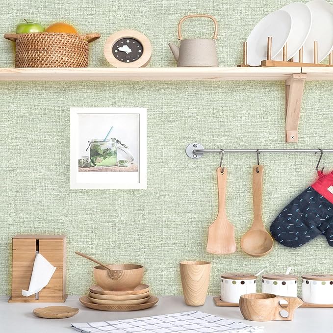 Amiya Grasscloth Wallpaper 17.3"x80" Sage Green Peel and Stick Faux Fabric