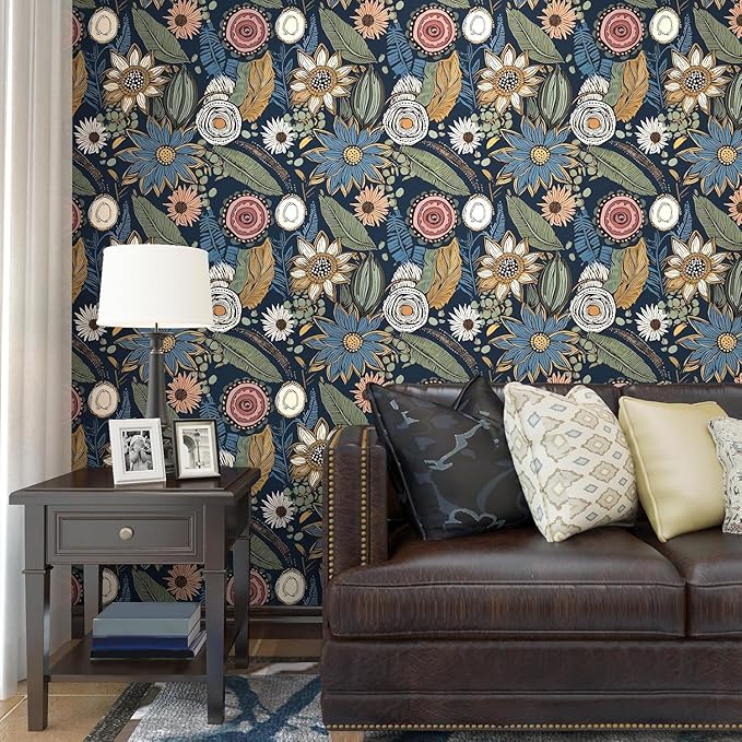 Boho Wallpaper Peel and Stick, Dark Vintage Floral Contact Paper, Retro