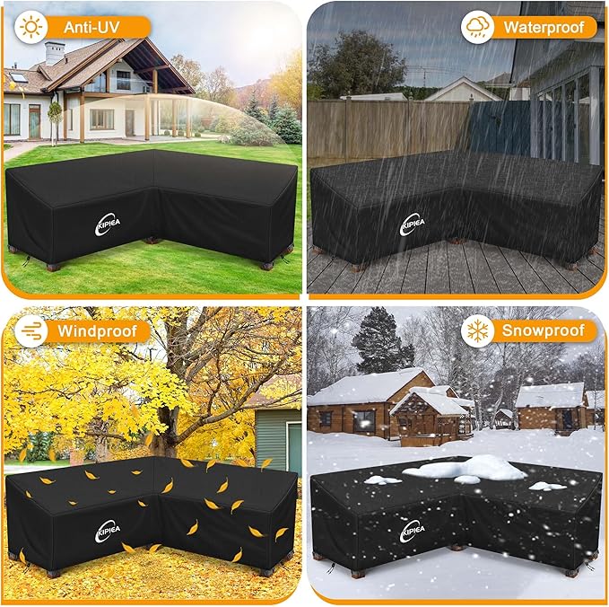 Kipiea Patio V-Shaped Sectional Sofa Cover, 420D Heavy-Duty Oxford Fabric Outdoor Sectional Cover with 6 Windproof Buckles, Anti UV and No Tears, No Fading (89" x 89"L x 33.5"D x 31"H)Black