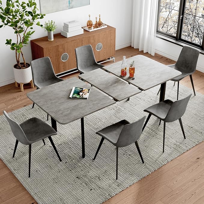 63"- 78.7" Extendable Dining Table Set for 6, Modern Kitchen Table with 6 Dining Chairs for 4-6 Person, Thickened Expandable Wooden Table with Metal Legs for Dining Room, Kitchen