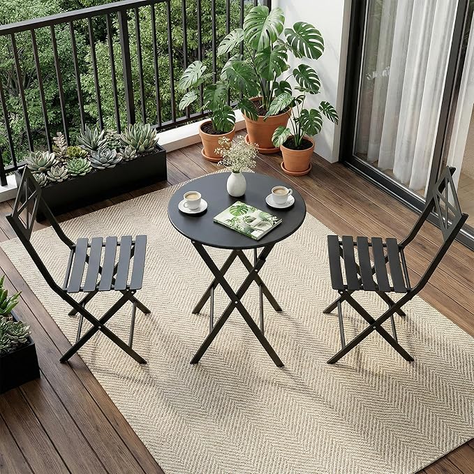 GarveeLife 3 Piece Patio Bistro Set, New Iron Outdoor Furniture Set, Metal Table and Chairs Set for Balcony, Garden or Porch, Black