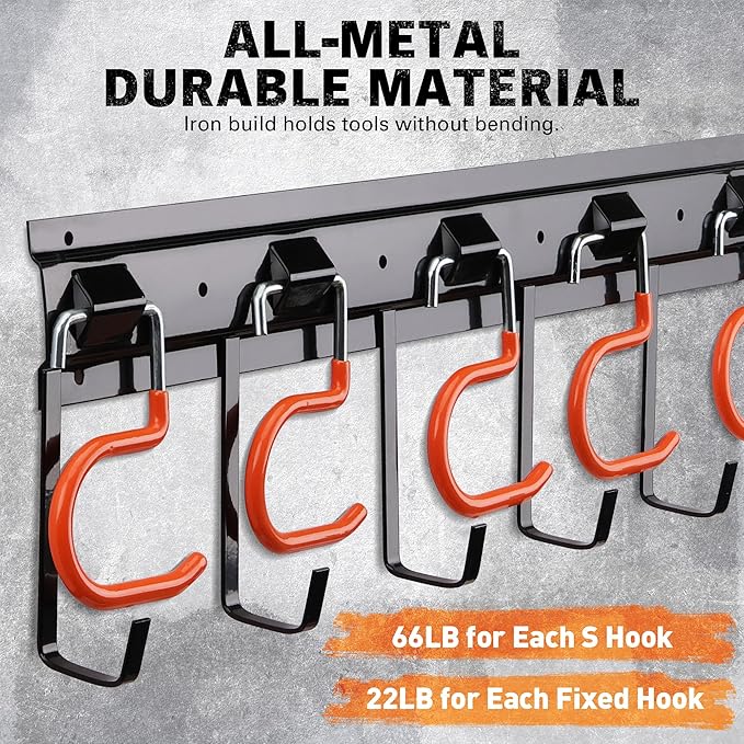 ELEAD 68'' All Metal Adjustable Garden Tool Organizer: Garage Tool Organizer Wall Mount with Orange Hooks, Garage Organizers and Storage, Tool Hangers for Shed