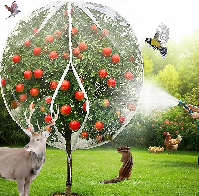 Fruit Tree Netting with Drawstring & Zipper - 4 Pack 10×10 FT - Reusable Plant Protection Bag, Heavy Duty PE Mesh Cover for Blueberry Bushes - Blocks Birds/Deer/Squirrels