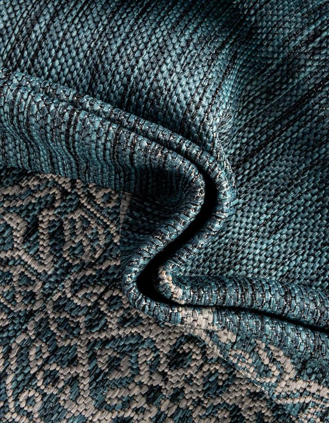 Unique Loom Outdoor Traditional Collection Area Rug - Antique (10' x 14' 1" Rectangle Teal/Ivory)
