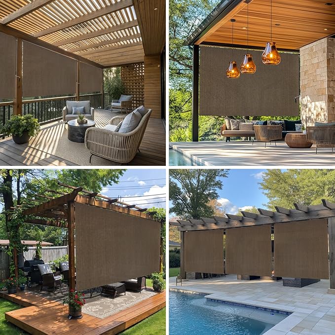 8'W x 6'H Mocha Patio Shades Roll up Outdoor Roller Shade Crank Wand Blind