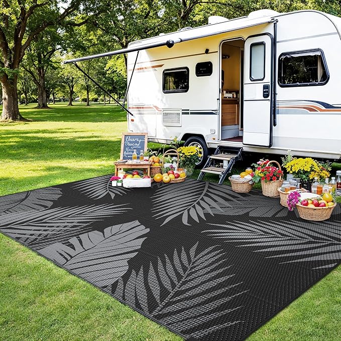 Outdoor Rug 5’x8’ Waterproof for Patio Clearance, Reversible Indoor Outdoor Plastic Straw Camping Rug Carpet, RV Mat, Large Area Rug for Deck, Backyard, Balcony, Porch, Beach, Black & Grey