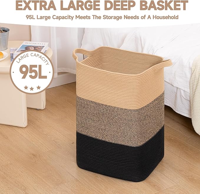 CLHMILY&Z 95L Laundry Basket Rectangular Black Jute Rope - 16x15x24 Inches - Dirty Clothes and Soft Storage Bin for Blankets, Toys, and Nursery Essentials