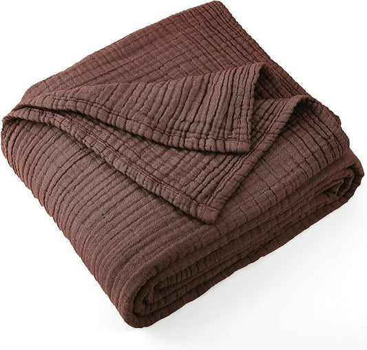 Carriediosa 100% Cotton Muslin Throw Blanket 70" X 80" Twin Size，4-Layers Summer Gauze Throws for Bed Couch，Soft Lightweight Breathable Linen Blankets Bedspread for Adults All Season，Dark Brown
