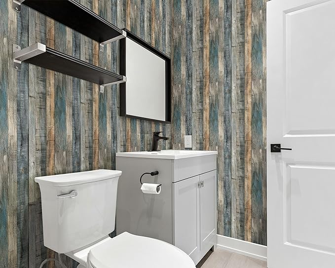 FLFK 16" x 384" Wallpaper Peel and Stick Blue-Gray Wood Contact Paper