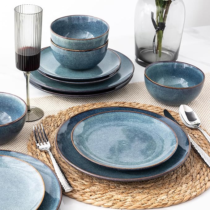 AmorArc Ceramic Dinnerware Sets for 8, 24 Pieces Handpainted Plates and Bowls Set, Scratch Resistant Stoneware Dishes Set, Dishwasher & Microwave Safe, Ceylon Blue
