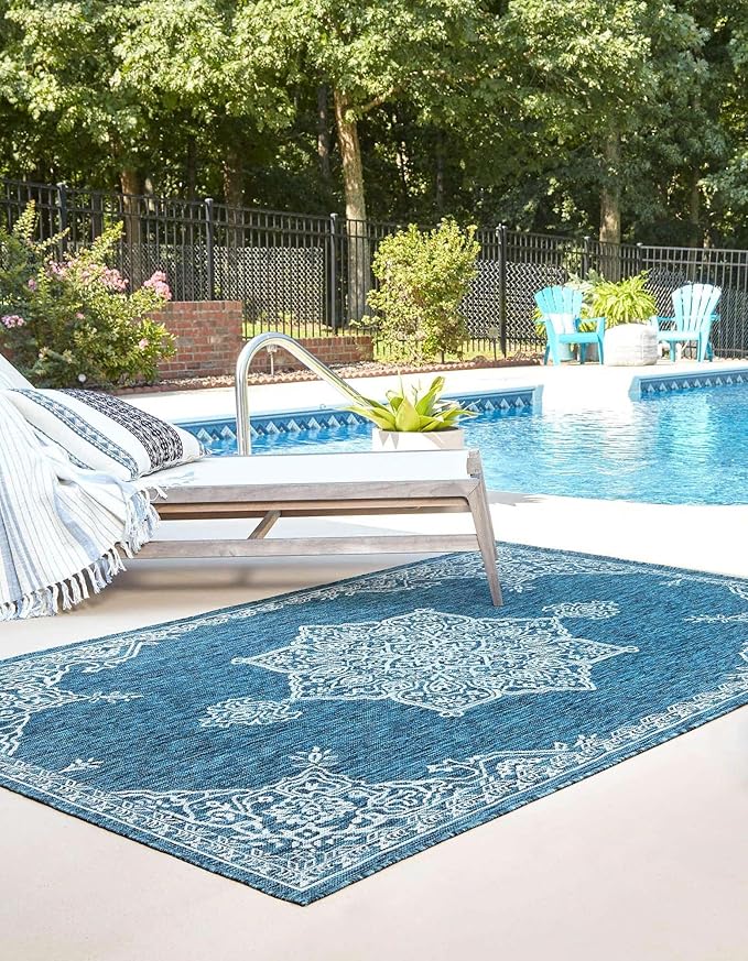 Unique Loom Outdoor Traditional Collection Area Rug - Antique (10' x 14' 1" Rectangle Teal/Ivory)