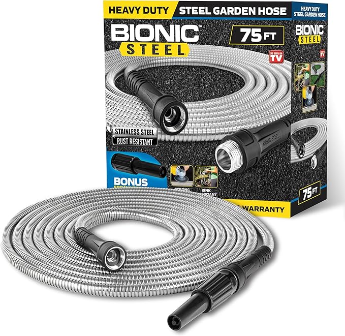 BIONIC STEEL 75 Ft Garden Hose 304 Stainless Steel, 75 Ft Water Hose, Super Tough & Flexible Metal Hose, Lightweight, Crush Resistant Fittings, Kink & Tangle Free, Rust Proof, Easy to Use & Store
