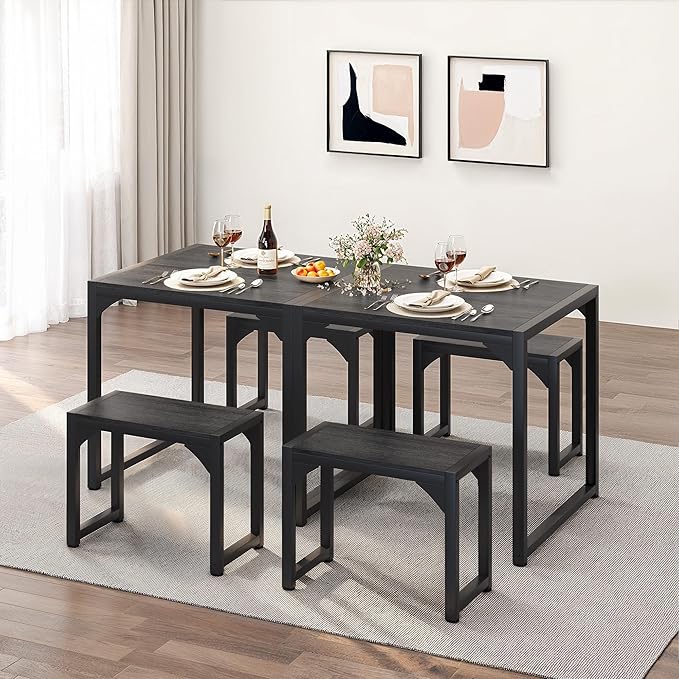 Gizoon Dining Table Set for 2, Kitchen Table Set for 2 with Steel Frame, Kitchen Table with 2 Benches for Small Space, Space Saving Design for Restaurant, Living Room, Black
