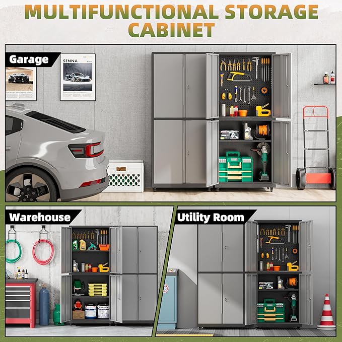 Garage Storage Cabinet with Wheels, Lockable Metal Storage Cabinet