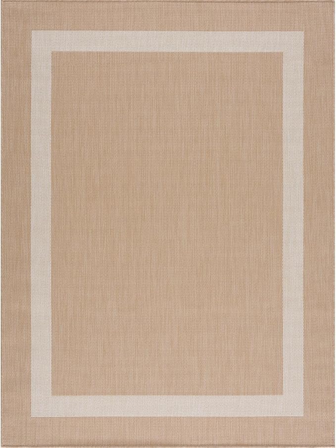 CAMILSON Outdoor Rug 6x9, Modern Outside Rugs for Patios Porches Waterproof Durable Washable Non-Shedding, Easy-to-Clean Indoor Outdoor Area Carpet (6 x 9, Bordered - Beige/White)