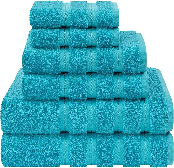 American Soft Linen Luxury 6 Piece Towel Set, 2 Bath Towels 2 Hand Towel 2 Washcloths, 600 GSM 100% Cotton Turkish Towels for Bathroom, Aqua Blue Towel Sets
