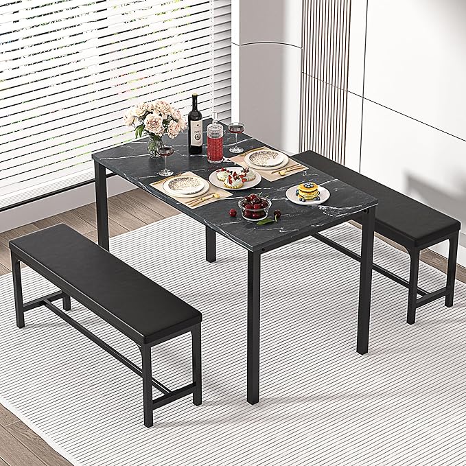 VECELO 3-Piece 63" Extendable Kitchen Table with Benches/Chairs, Modern Breakfast Dinette/Dining Room Set for 4/6/2, Small Space Saving Design, Easy Assembly