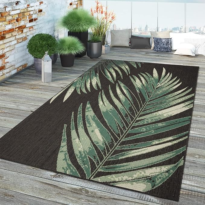 Outdoor Rug Black Green with Floral Palm Leaf Design Waterproof, Size: 2' x 3'3"