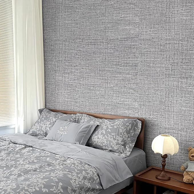 Grey Grasscloth Peel and Stick Wallpaper 17.3"x300" Faux Linen Textured Contact