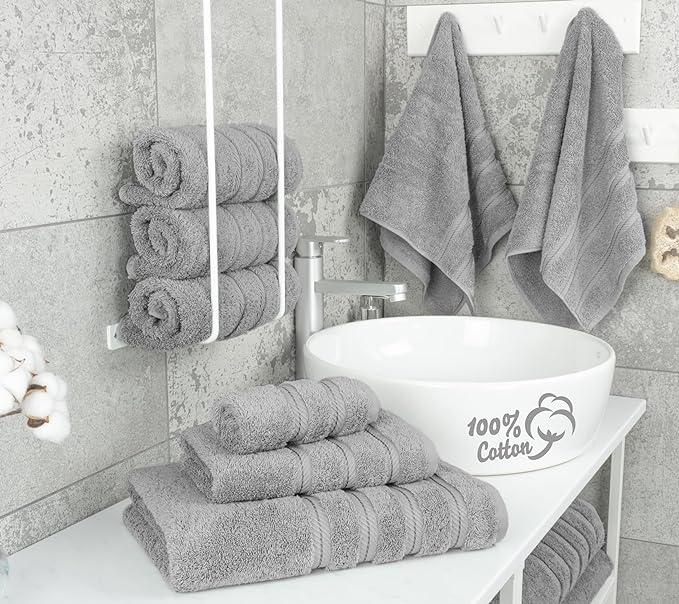 American Soft Linen Luxury 6 Piece Towel Set, 2 Bath Towels 2 Hand Towel 2 Washcloths, 600 GSM 100% Cotton Turkish Towels for Bathroom, Light Grey Towel Sets