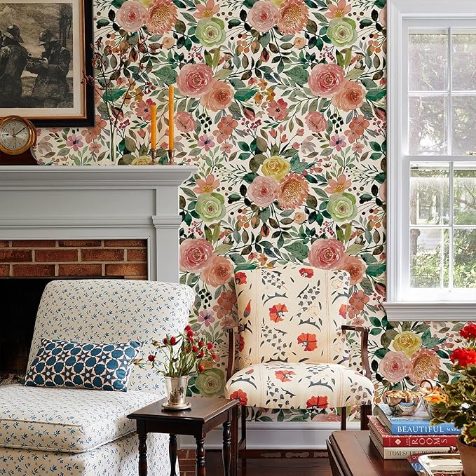 JiffDiff Floral Wallpaper Peel and Stick Removable Contact Paper Peony Roses