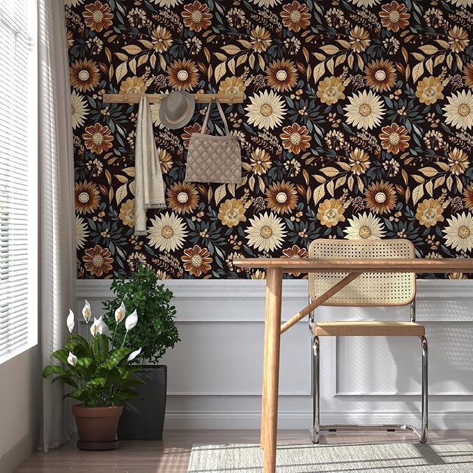 Extra Long Vintage Wallpaper Peel and Stick, 17.5" x 393" Boho Dark Floral