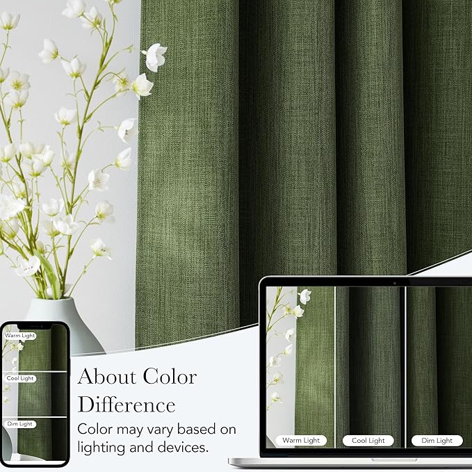 NICETOWN Short Faux Linen Froest Green Blackout Curtains 63 inches Long